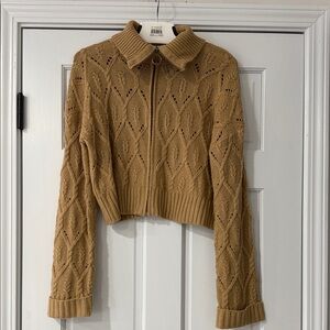 Pink Rose Zipper Cardigan Size Medium Tan Cable Knit Women's Sweater Cropped